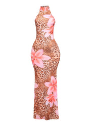 LEOPARD AND FLOWER HALTER MAXIE DRESS