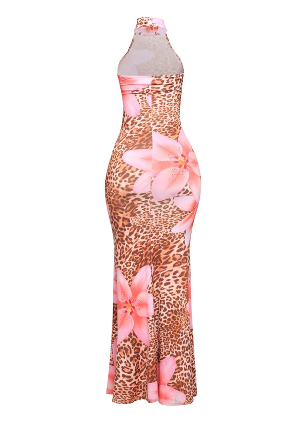 LEOPARD AND FLOWER HALTER MAXIE DRESS