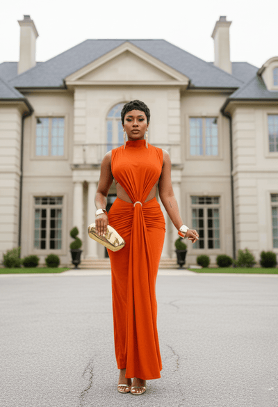 🍊  The "Sunset Aura" Cutout Maxi Gown
